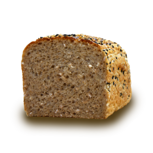 CHLEB ORKISZOWY – Z mąki orkiszowej, dekorowany czarnuszką i sezamem. cały, 450g, produkowany: wt, czw, sob.