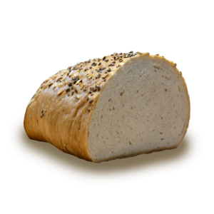CHLEB RODZINNY – Pszenno-żytni na naturalnym zakwasie, dekorowany mieszanką sezamu, siemienia lnianego, soli i czosnku. krojony, 500g, produkowany codziennie.