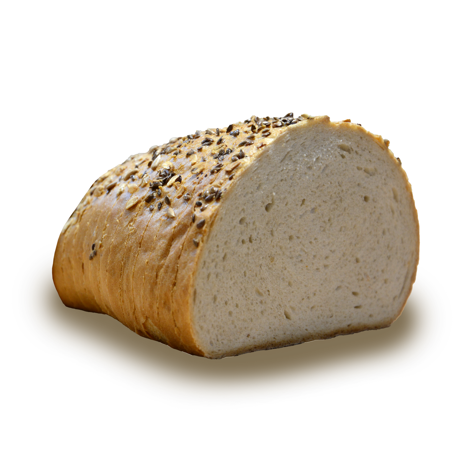 CHLEB RODZINNY – Pszenno-żytni na naturalnym zakwasie, dekorowany mieszanką sezamu, siemienia lnianego, soli i czosnku. krojony, 500g, produkowany codziennie.